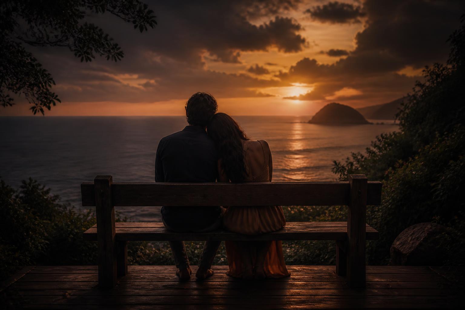 Casal apaixonado abraçado ao entardecer